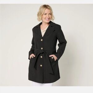 Dennis Basso Water Resistant Trench Coat w/Hood-Black-Petite Large-NEW-A679224